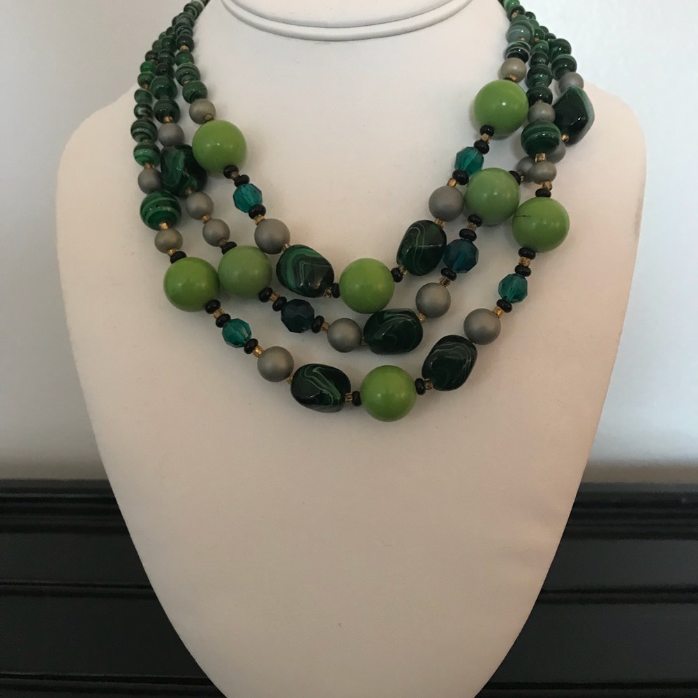 Vintage Green Glass Bead Necklace. Marked Japan